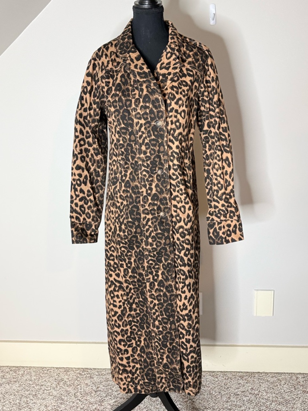 FASHION NOVA New Leopard Print Denim Trench Coat Pockets Buttons Size Medium - Picture 3 of 13